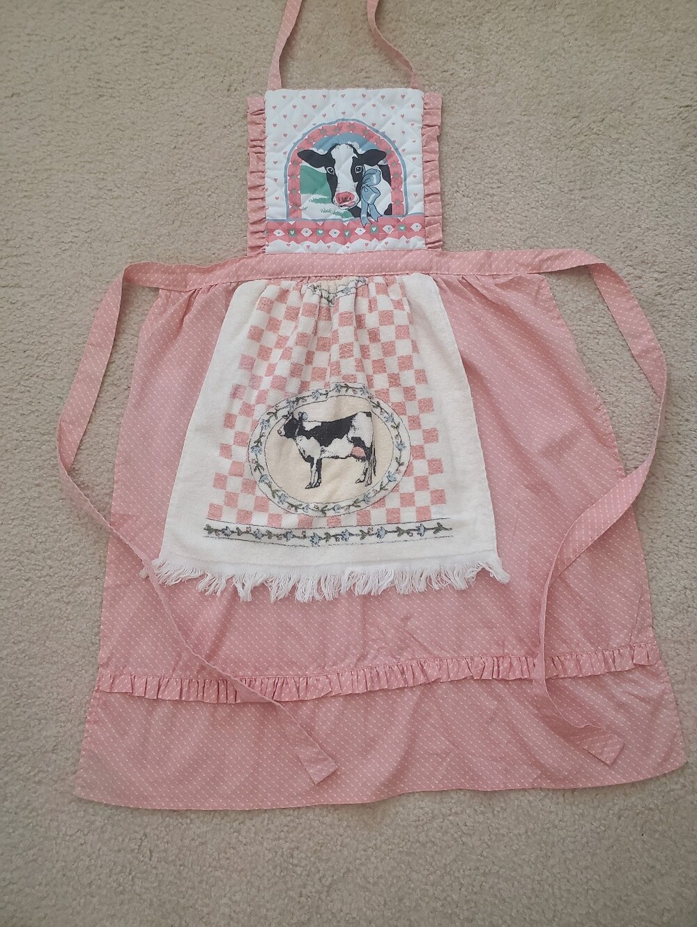 Vintage Cottagecore Cow Peach Hearts Checker Farmhouse Cotton Apron